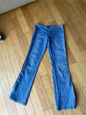 Women's Blue Flare Jeans with Side Button Accent